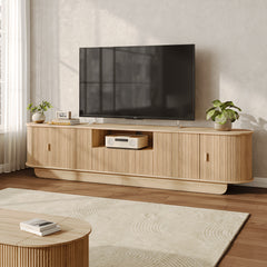 86.6" Curved TV Stand for 65/75/85 Inch Tvs, Media Console with Sliding Doors, Entertainment Center with Storage And Drawers, Mid-Century Modern TV Consoles for Living Room, Bedroom, White, Natural, Gray, Walnut