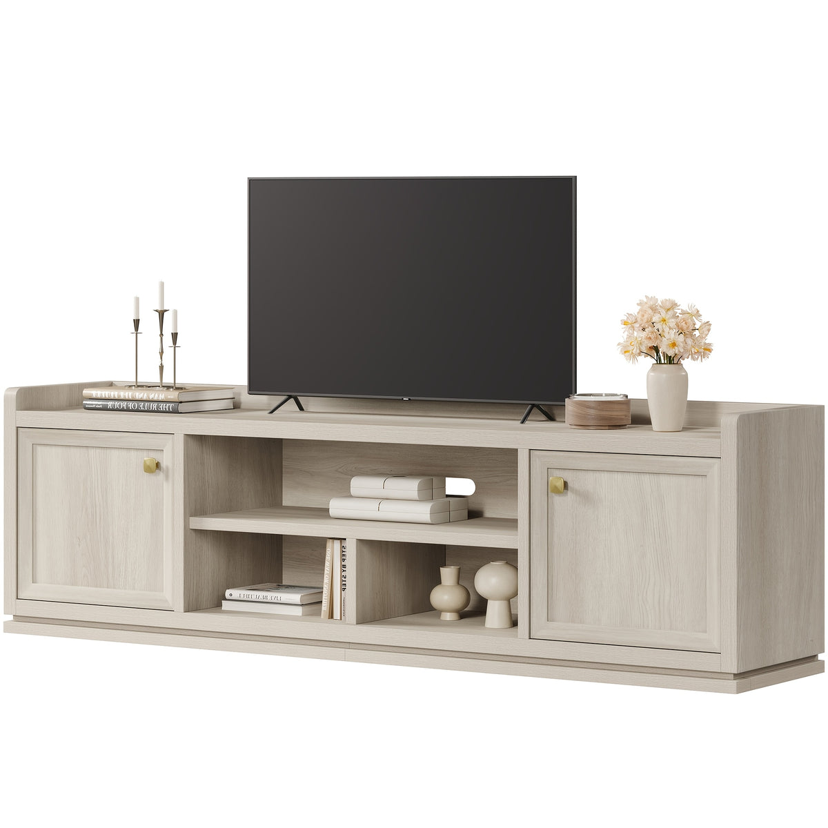 SICOTAS Farmhouse TV Stand for TVs Up to 75", Entertainment Center with Storage Cabinets & Open Shelves, Wood TV Cabinet, Media Console Table for Living Room