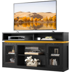 Farmhouse TV Stand for TVs Up to 65 Inches, Tall Entertainment Center with Storage Cabinets & LED Lights, Media Console for Living Room, Bedroom, Home Theater