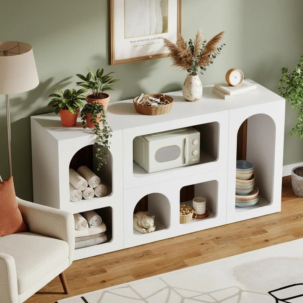59 Inch White Console Table TV Stand with 6 Compartments, Modern Entertainment Center for Living Room Christmas Decor