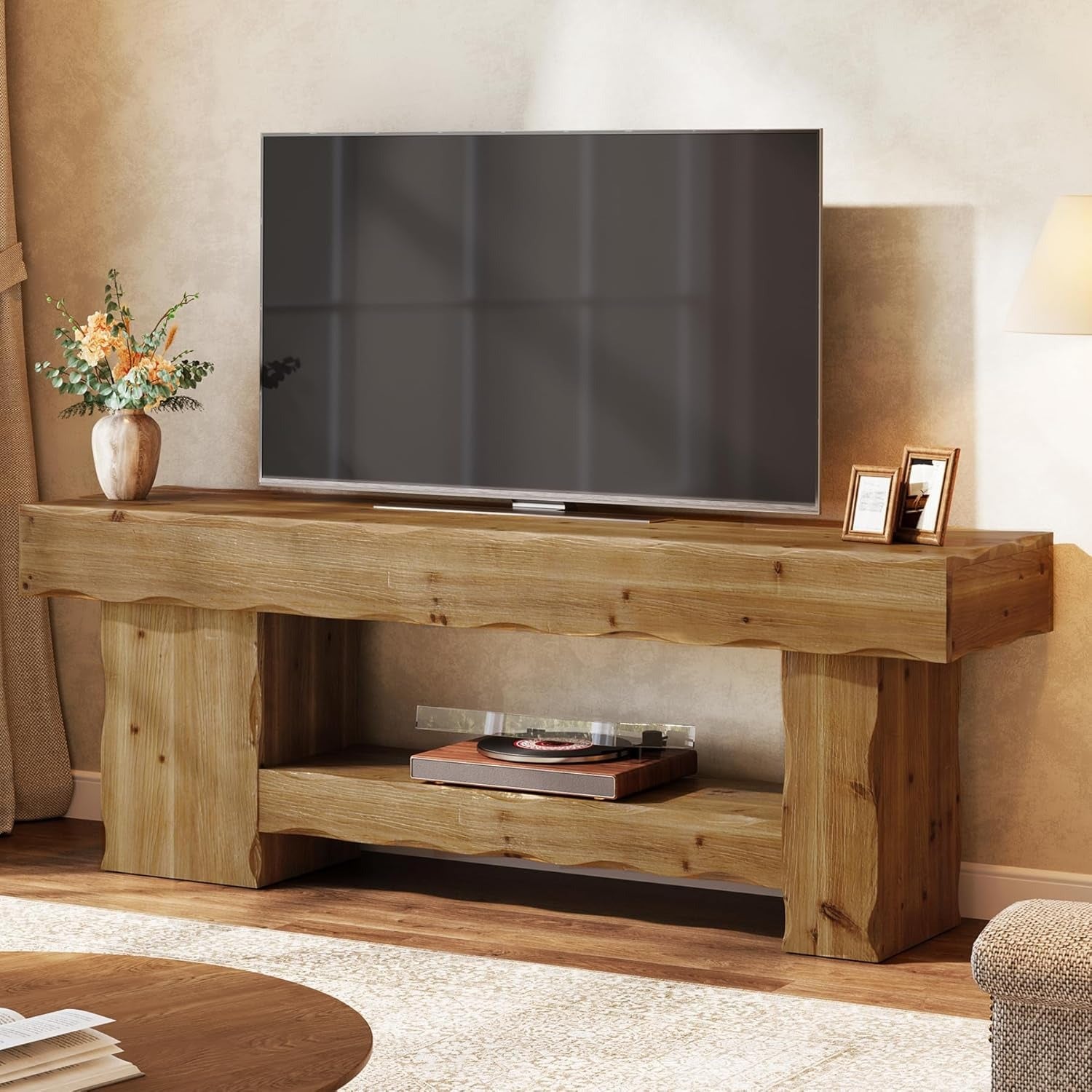 Solid Wood TV Stand for 65 70 75 Inch TV, Farmhouse Entertainment Center with Storage, Wooden TV Media Console Table for Living Room, Bedroom, Rustic Brown