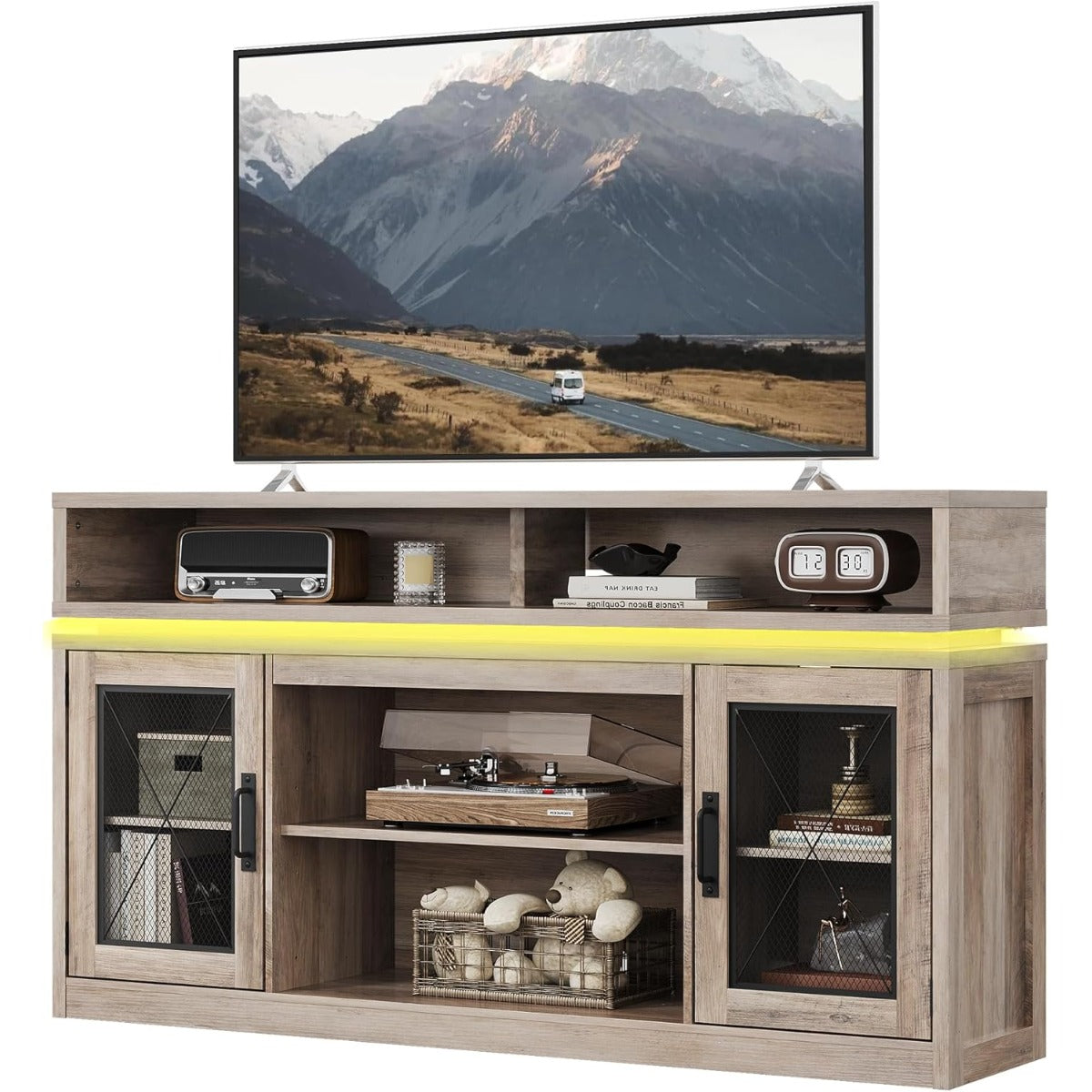 Farmhouse TV Stand for TVs Up to 65 Inches, Tall Entertainment Center with Storage Cabinets & LED Lights, Media Console for Living Room, Bedroom, Home Theater