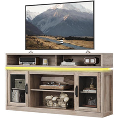 Farmhouse TV Stand for TVs Up to 65 Inches, Tall Entertainment Center with Storage Cabinets & LED Lights, Media Console for Living Room, Bedroom, Home Theater