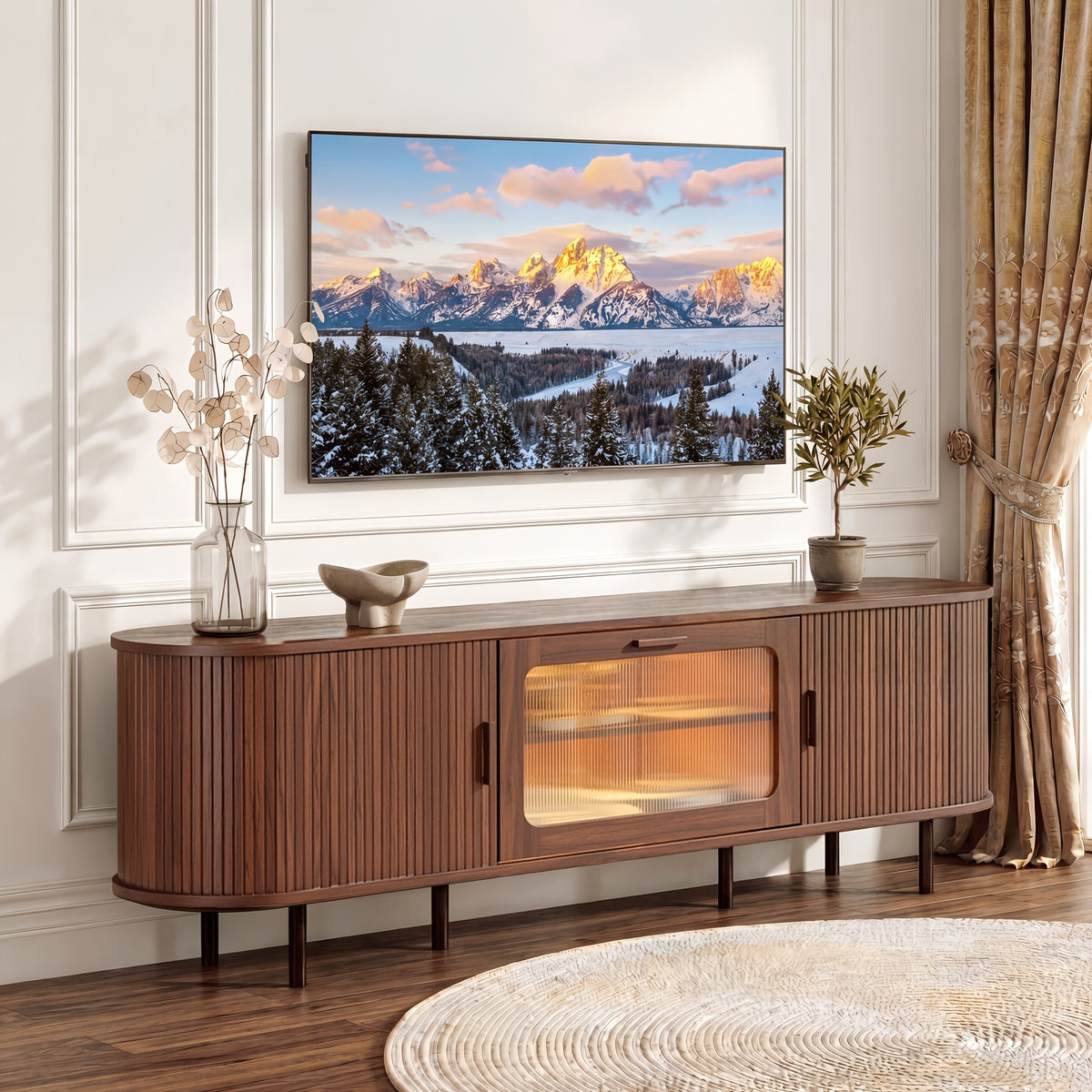 71" TV Stand With Built-in Outlets, Black Entertainment Center With Sliding Door And Glass Door, Adjustable Shelf Media Console For Living Room, Fits 80" TVs, Walnut