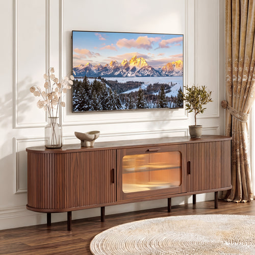 71" TV Stand With Built-in Outlets, Black Entertainment Center With Sliding Door And Glass Door, Adjustable Shelf Media Console For Living Room, Fits 80" TVs, Walnut