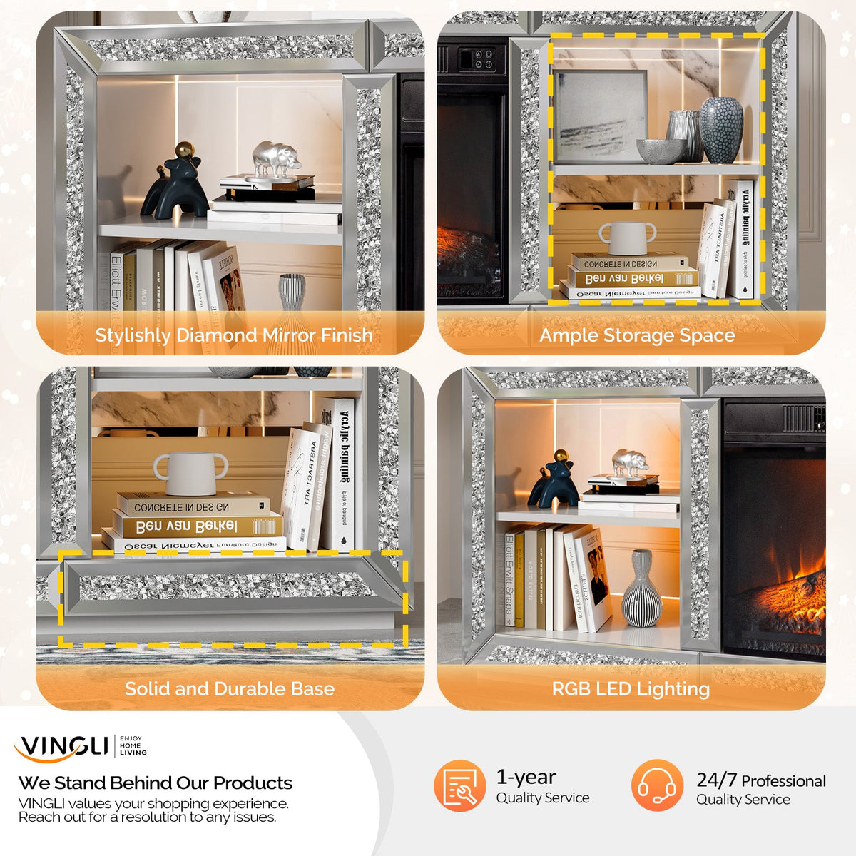 Silver Mirror Modern TV Stand with 18 Inch Fireplace Insert & Storage Shelves, Medium Density Fiberboard Fireplace TV Console for Living Room, 143 x 35 x 62 cm