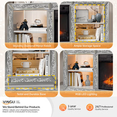 Silver Mirror Modern TV Stand with 18 Inch Fireplace Insert & Storage Shelves, Medium Density Fiberboard Fireplace TV Console for Living Room, 143 x 35 x 62 cm