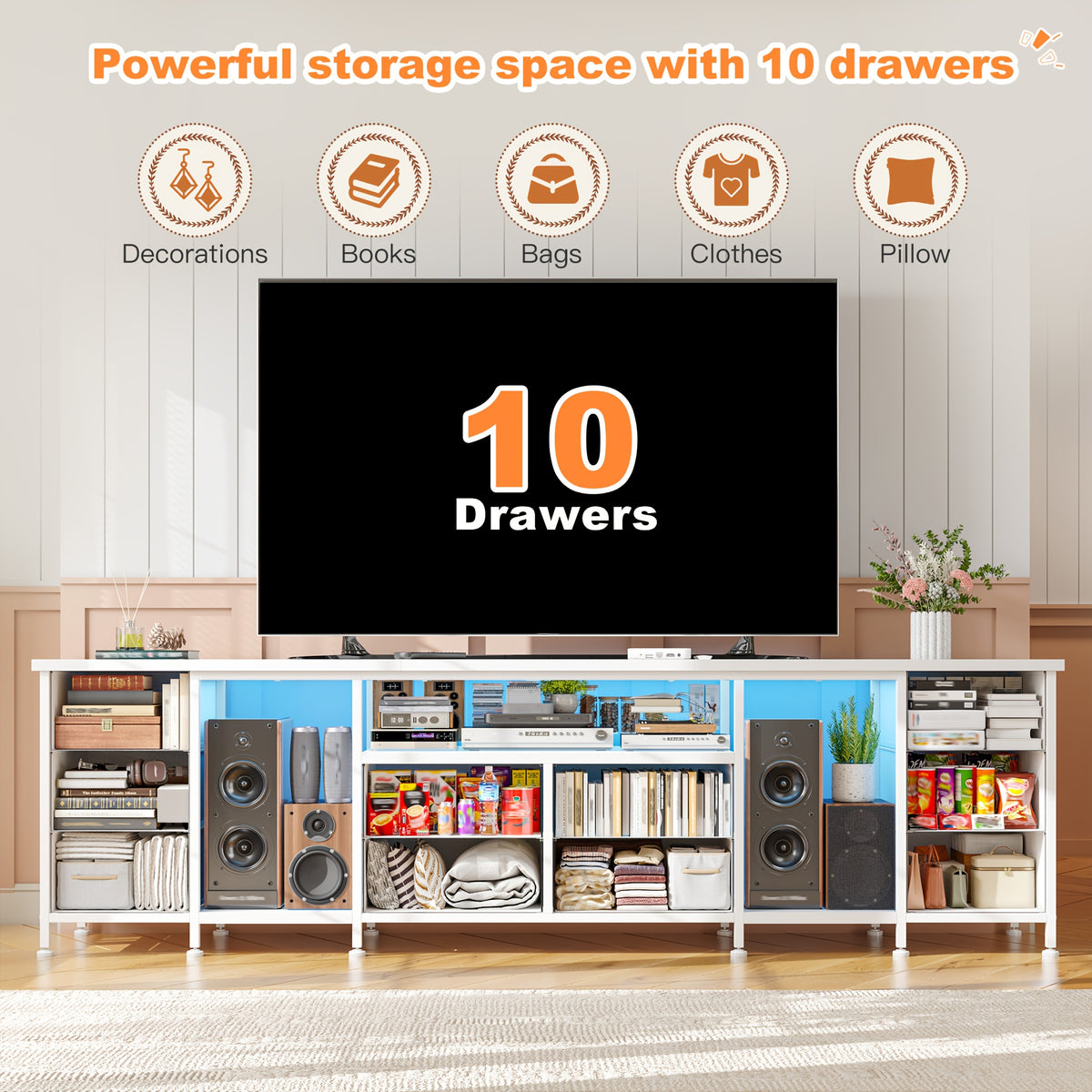 "85" TV Stand Dresser For 75-85" TVs, 75.5" Wide Entertainment Center With LED Lights, 10 Drawers & Power Outlets, Modern Bedroom Dresser (Brown/Black/White)