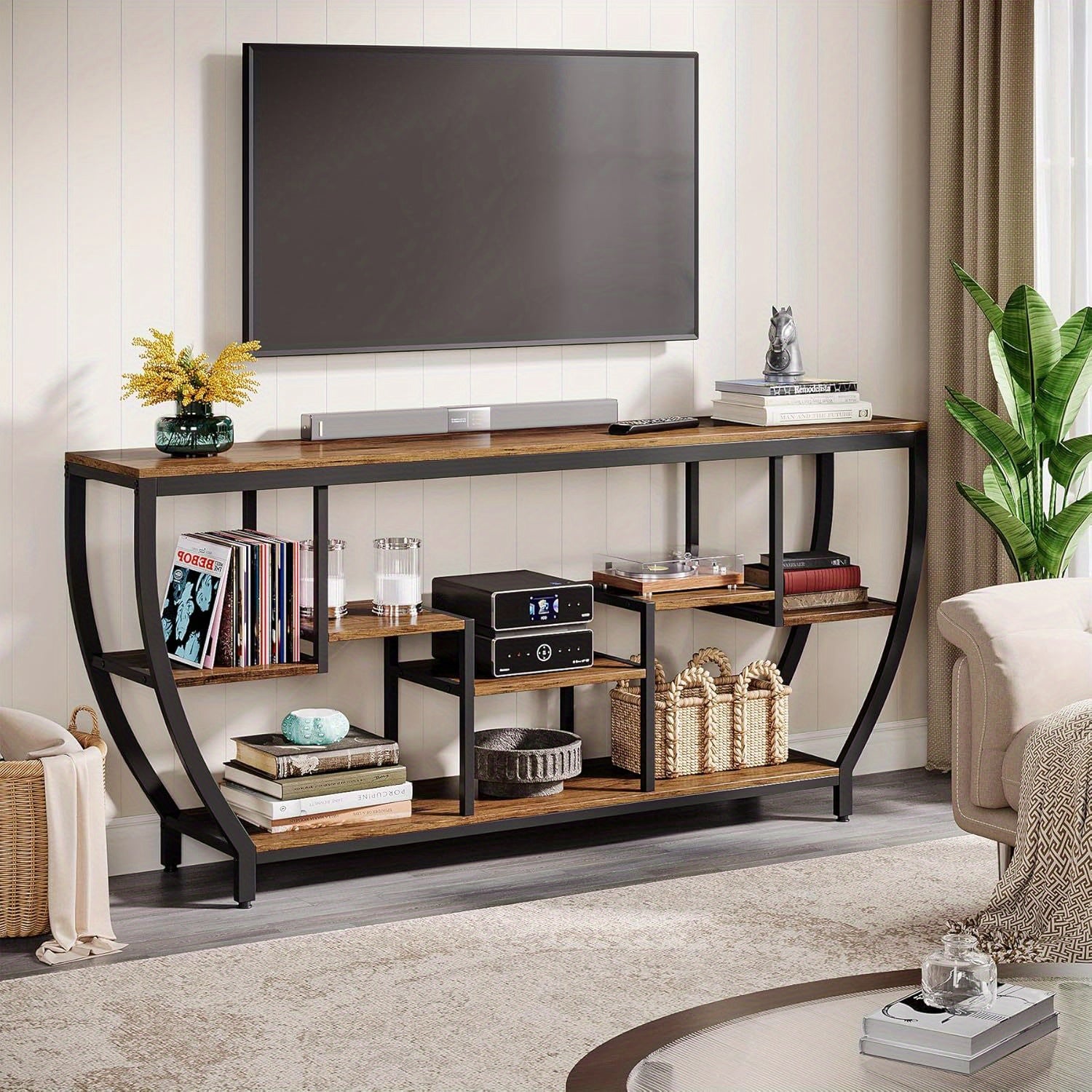 70.9" Extra Long TV Stand for up to 80" TVs, Heavy-Duty Entertainment Center with Storage Shelves, Rustic Brown Media Console - Sturdy MDF & Metal Construction, Living Room, Bedroom, Home Theater Furniture - Easy Assembly, Tv Console for Living Room, Bed