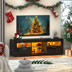 TV Stand with Adjustable LED Lights & Large Storage Cabinets, Modern Entertainment Center for 50/55/60 Inches TV, Sturdy Media Console with Glass Open Shelves for Living Room, Bedroom, Gaming, Black/White