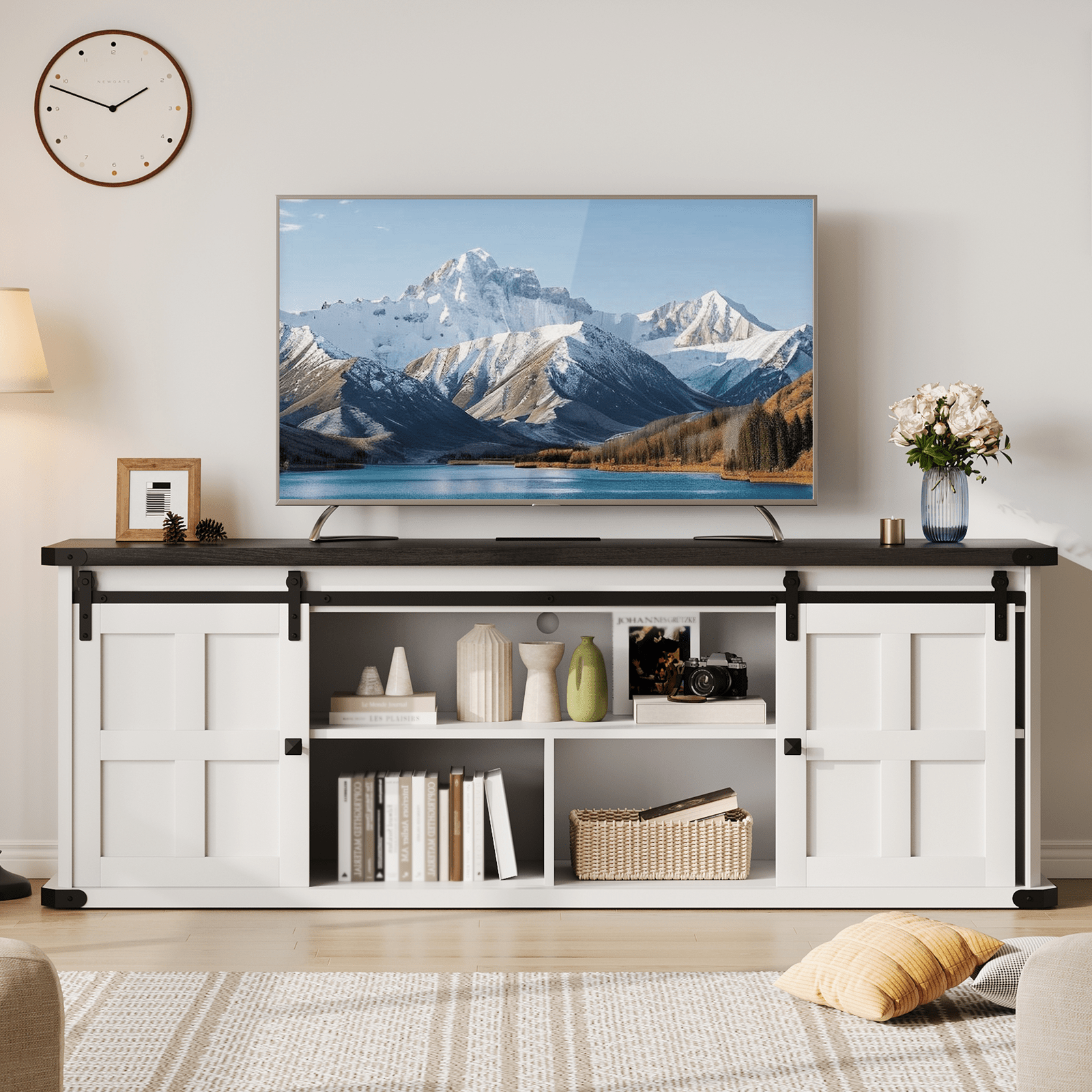 Newly Upgraded TV Cabinet, IDEALHOUSE Farmhouse TV Stand for 75 Inch TV, Entertainment Center with Storage Cabinets And Sliding Barn Doors, Media TV Console Table for Living Room Bedroom
