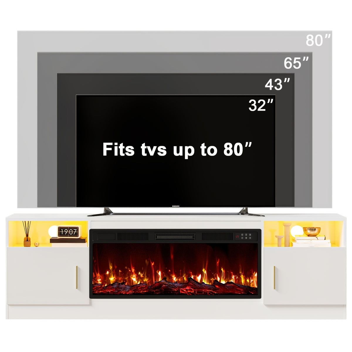 Fireplace Tv Stand with 36 Inch Fireplace Up to 80" TVs, LED Light Entertainment Center And Storage, 70" Modern Wood Media TV Console with Highlight Cabinet for Living Room