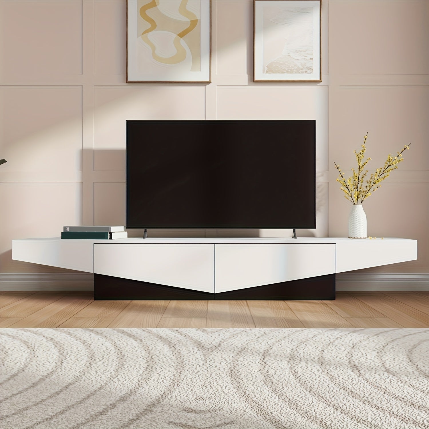 Modern Media Console TV Stand With 2 Drawers, TV Cabinet With Spacious Top, TV Console Table Entertainment Center For Living Room, Stylish Design, White & Black