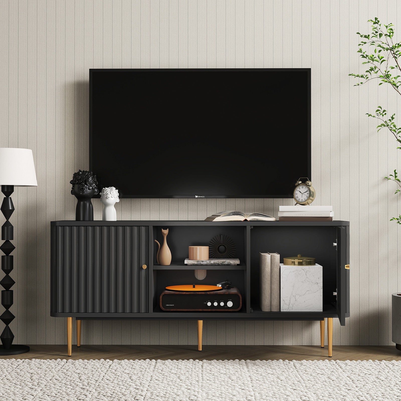 Mid Century Modern TV Stand For 55/60/65 Inch TV, 55" Fluted TV Stand, Entertainment Center With Storage, Television Stands, TV Console, Media Console For Living Room, Bedroom