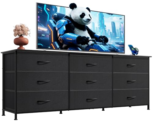 WLIVE Dresser TV Stand for 75 Inch TV, 9 Drawer Dresser for Bedroom, Black