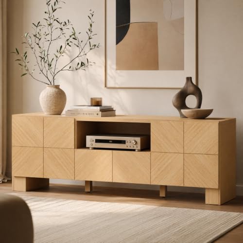 ModernMate 70" Modern TV Stand for TVs Up to 80 Inch, Wood Entertainment Center with Outlet and Storage Cabinet, Chevron Pattern TV Console with Adjustable Shelve for Living Room, Bedroom, Natural Oak