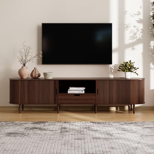 DHH 86.6" Fluted TV Stand with Power Outlet for TVs up to 90", TV Console with Adjustable Shelves and Sliding Door,Mid Century Modern Entertainment Center for Living Room,Bedroom (Walnut)