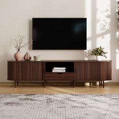 DHH 86.6" Fluted TV Stand with Power Outlet for TVs up to 90", TV Console with Adjustable Shelves and Sliding Door,Mid Century Modern Entertainment Center for Living Room,Bedroom (Walnut)