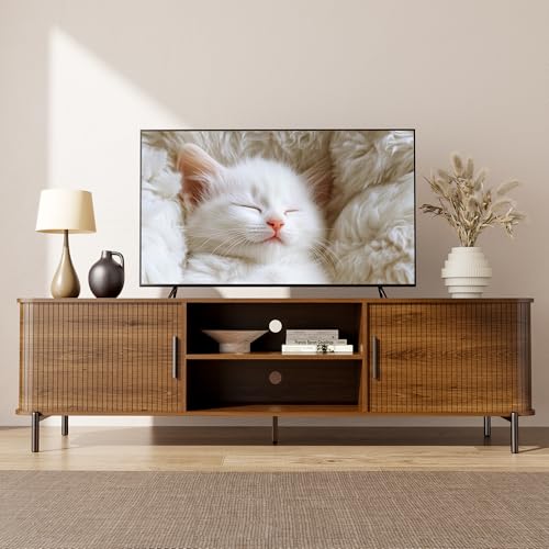 SUNCOZE 70" Mid-Century Fluted TV Stand with Storage up to 80 Inch, Walnut