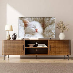 SUNCOZE 70" Mid-Century Fluted TV Stand with Storage up to 80 Inch, Walnut
