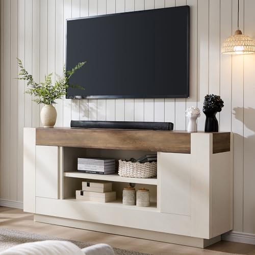 OKD 70" TV Stand for 80" TV, Thick Block Media Console, Antique White