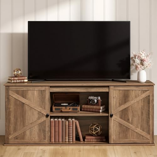 VASAGLE Farmhouse TV Stand for TVs up to 65 Inches, Entertainment Center with Storage Cabinets and Sliding Barn Doors, Media Console Table for Living Room, Honey Brown ULTV535K101