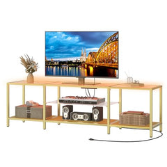 HOOBRO TV Stand with LED Lights and Power Outlets for TVs up to 75", Modern 70.9 Inch Tempered Glass TV Console Table with Open Shelves, Media Entertainment Center for Living Room, Gold GD185UDS01