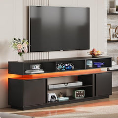 WLIVE Modern TV Stand for 75 Inch TV, 2 Tier Entertainment Center with RGB LED Lights & Storage Cabinets, Media TV Console Gaming Television Stands for Living Room, Bedroom, Black