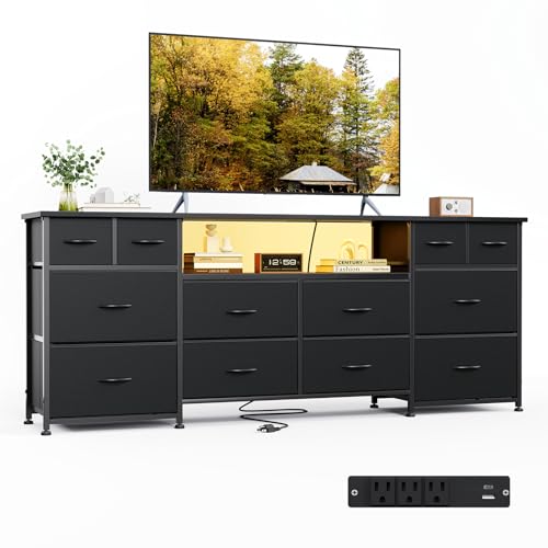 VERMESS 63 Inch 12 Drawers Long Dresser for Bedroom, Chest of Drawers, TV Stand with LED & Power Outlets, Entertainment Center with Storage Shelves, TV Unit for Living Room, for 65, 70 Inch TV, Black