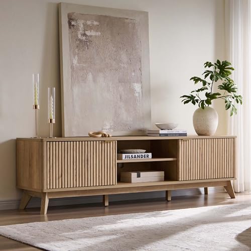 OKD 70" Mid Century Modern Fluted TV Stand w/ 2 Soft Close Door,Natural Oak