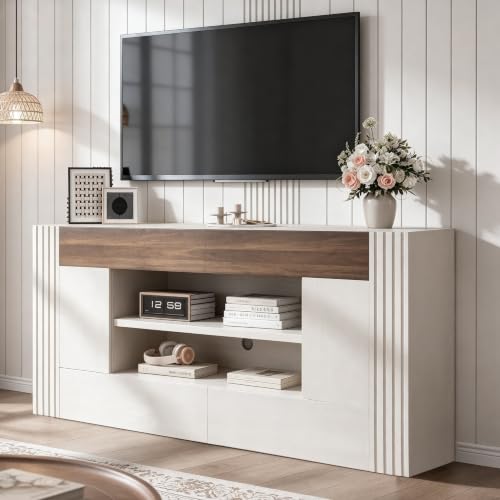 OneBlis Modern 70" TV Stand for TVs up to 80", Entertainment Center with 2 Drawers & 2 Side Cabinets, Media Console with 2-Tier Open Storage Shelves and Cable Management, Antique White & Walnut