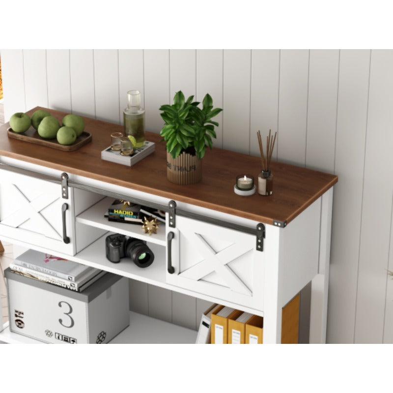 Modern Farmhouse TV Stand Compatible for 50-Inch TVs with Sliding Barn Doors & Adjustable Shelves, Media Console with Storage Cabinets, Space-Saving Design Suitable for Living Room & Bedroom, Easy Assembly
