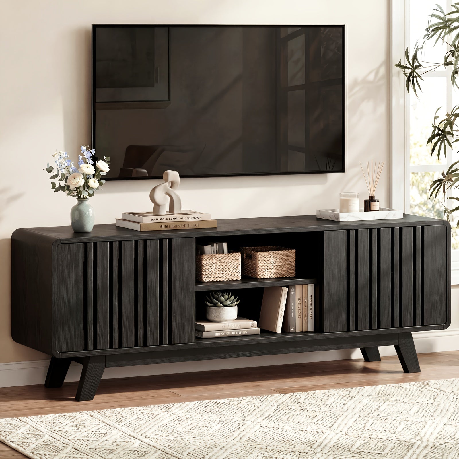 Mid Century Modern TV Stand with Charging Station for 75/70/65/60 Inch TV, Wood Entertainment Center with Storage & Sliding Grille Door, Media Console Table for Living Room, Bedroom