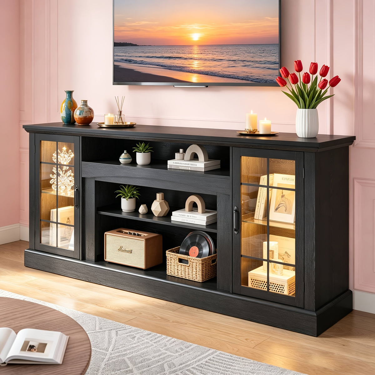 70/58 Inch Farmhouse Media Console with Glass Door Cabinet And Adjustable Shelves, Dimmable LED Lights for  Ambiance, Large Storage Entertainment Stand Fits TVs Up to 75/60 Inch, Perfect Gift for New House, 3 Colors & 2 Sizes Optional