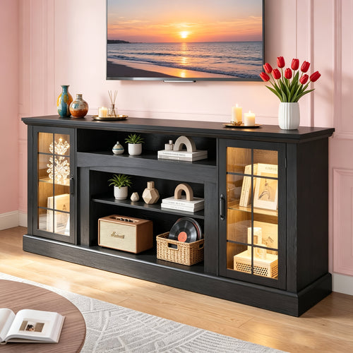 70/58 Inch Farmhouse Media Console with Glass Door Cabinet And Adjustable Shelves, Dimmable LED Lights for  Ambiance, Large Storage Entertainment Stand Fits TVs Up to 75/60 Inch, Perfect Gift for New House, 3 Colors & 2 Sizes Optional