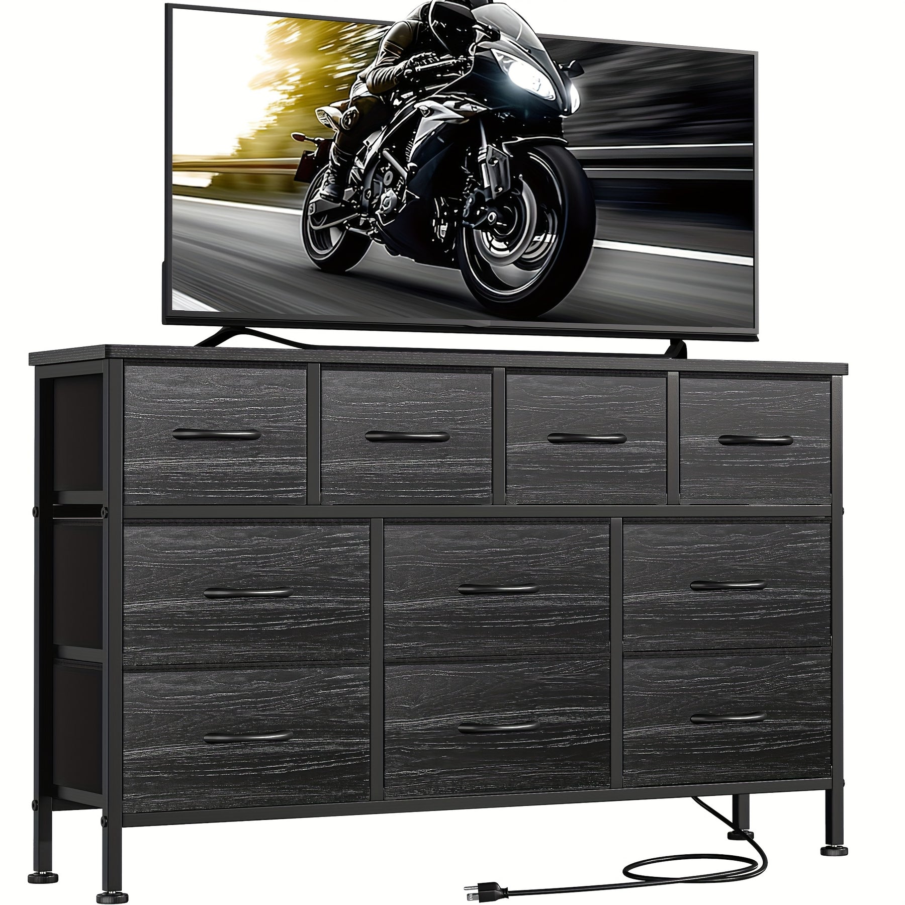 10 Drawer Fabric Dresser with Metal Frame And Wood Top, Fabric Storage Dresser with Power Outlet, TV Stand Dresser for 55'' TV, Fabric Storage Tower, Chest Of Drawers for Bedroom, Closet, Hallway