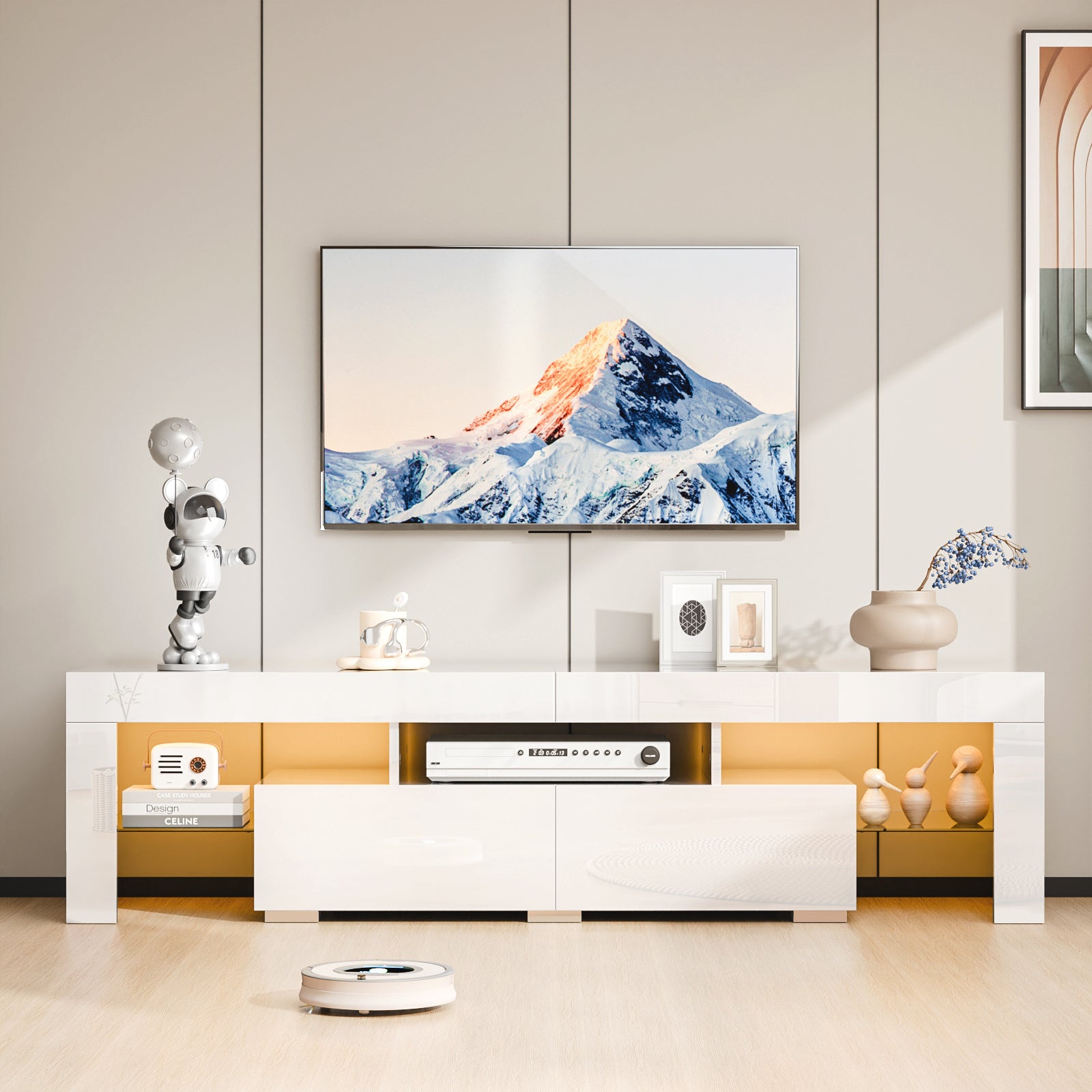 TV Stand Up to 70 Inch TV, TV Cabinet with Open Storage, Industrial TV Console with 2 Drawers And Glass Shelf for Living Room And Bedroom, White