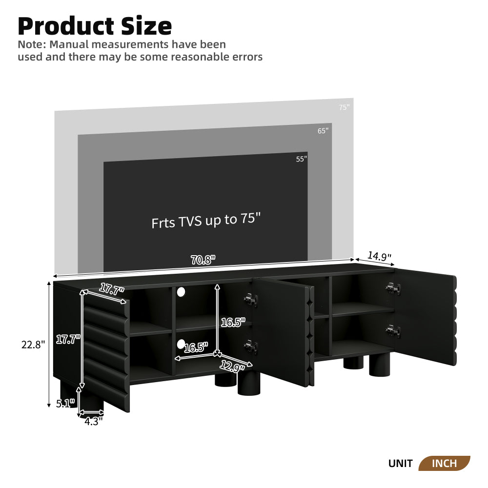 Stylish Thick Wavy Door TV Cabinet with Adjustable Shelves, Cream Style TV Stand with 4 Cabinets for Tvs Up to 75', Solid Media Console with Cylindrical Legs And Cable Holes for Living Room, Black