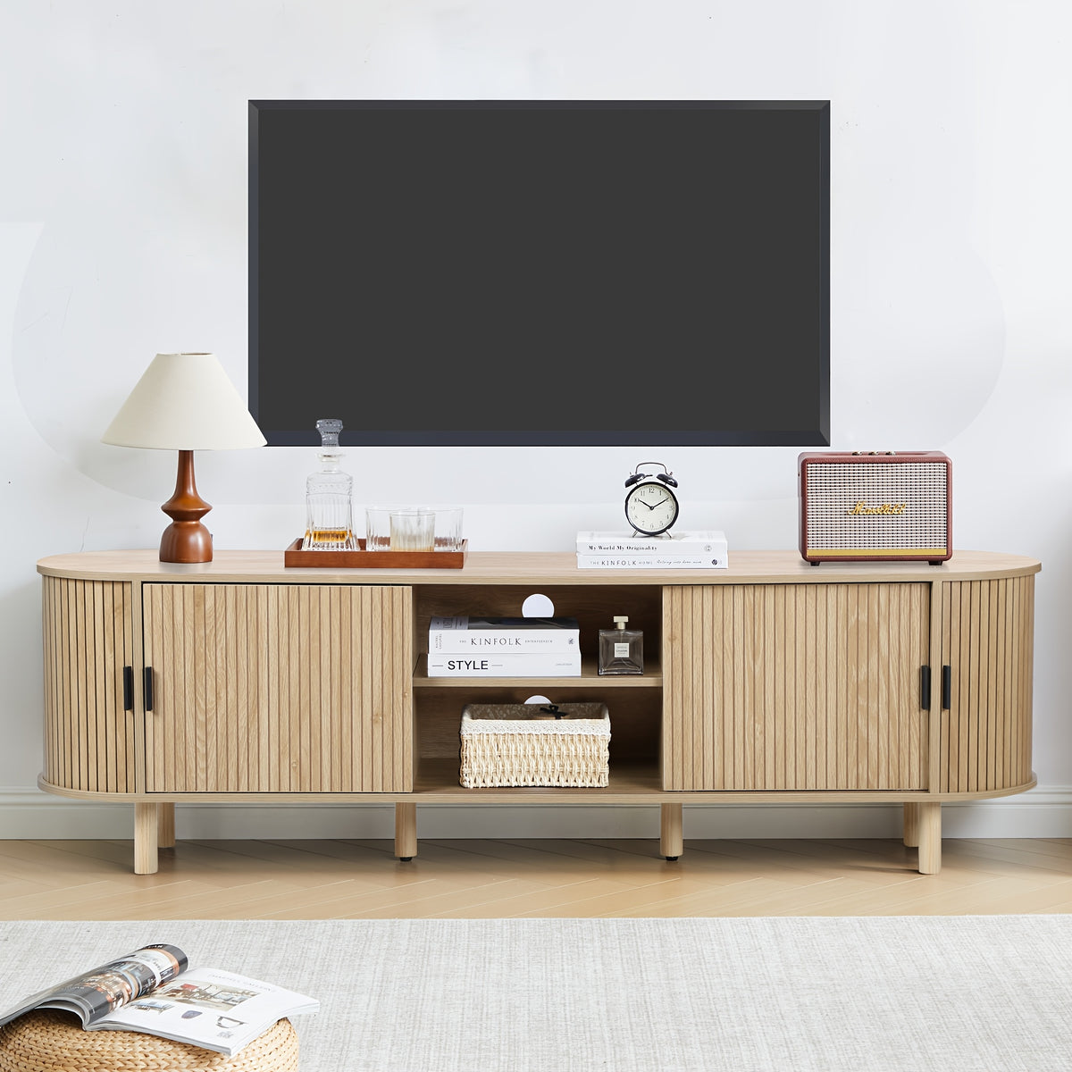 71 Inch TV Stand for 85 Inch Large TV, Heavy Duty Sliding Door Farmhouse Entertainment Center with Ample Storage, Media Console Table for Living Room Bedroom