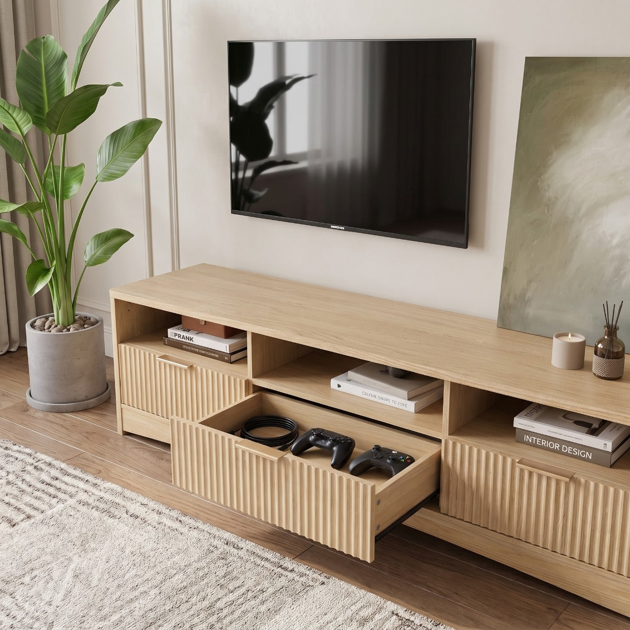 65-inch TV Stand & Modern Entertainment Suitable for Living Room/Bedroom, -Standing Media Console with 3 Drawers & Open Shelving, Recessed Design, Style, Non-Wood Material for TVs and Media Storage