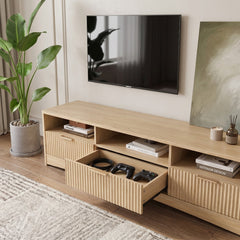 65-inch TV Stand & Modern Entertainment Suitable for Living Room/Bedroom, -Standing Media Console with 3 Drawers & Open Shelving, Recessed Design, Style, Non-Wood Material for TVs and Media Storage