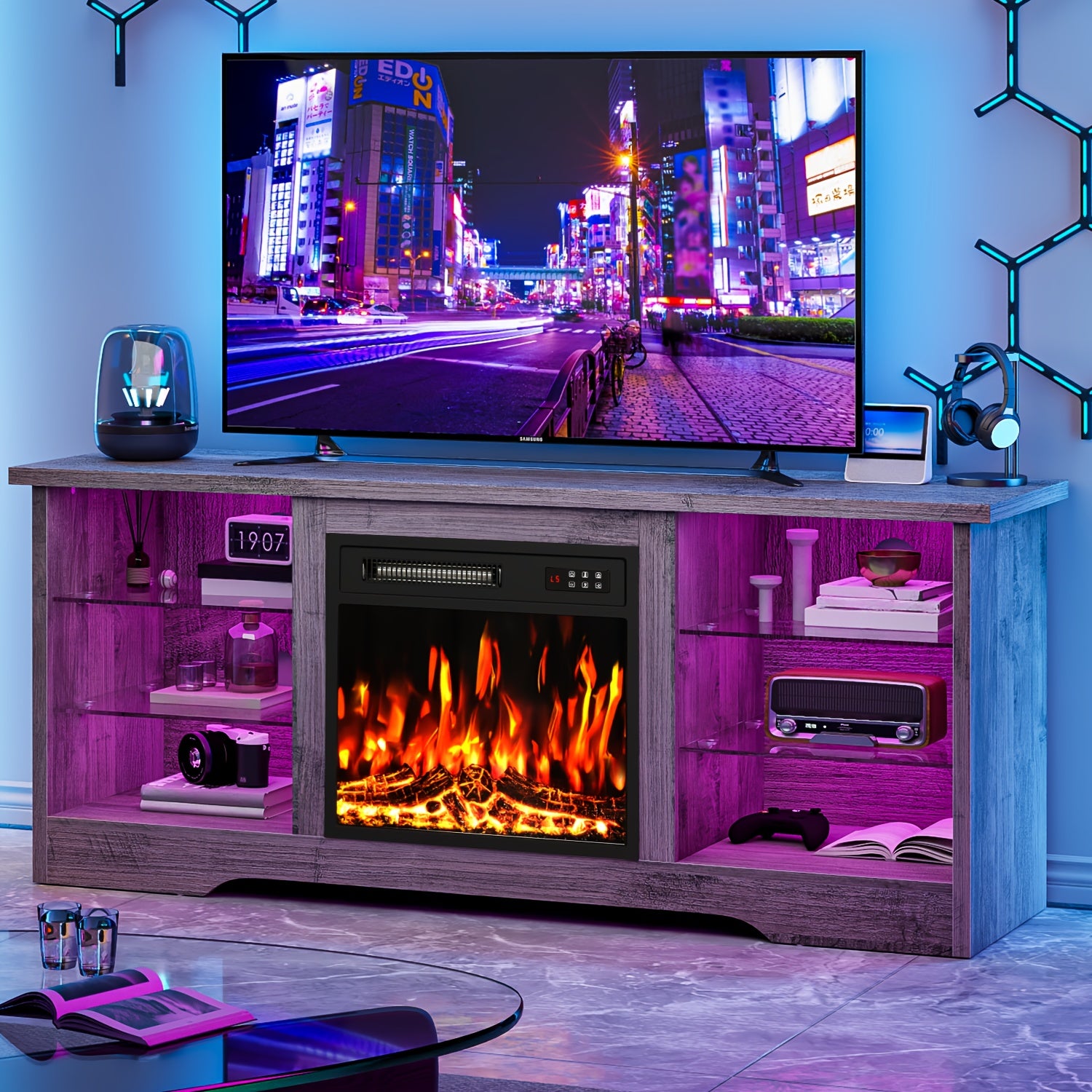 58 Inches Fireplace TV Stand for Tvs Up to 65 Inches Console with 18'' Electric Fireplace & Remote, Wooden Modern Entertainment Center for Living Room with LED Light Glass Shelves