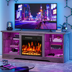 58 Inches Fireplace TV Stand for Tvs Up to 65 Inches Console with 18'' Electric Fireplace & Remote, Wooden Modern Entertainment Center for Living Room with LED Light Glass Shelves