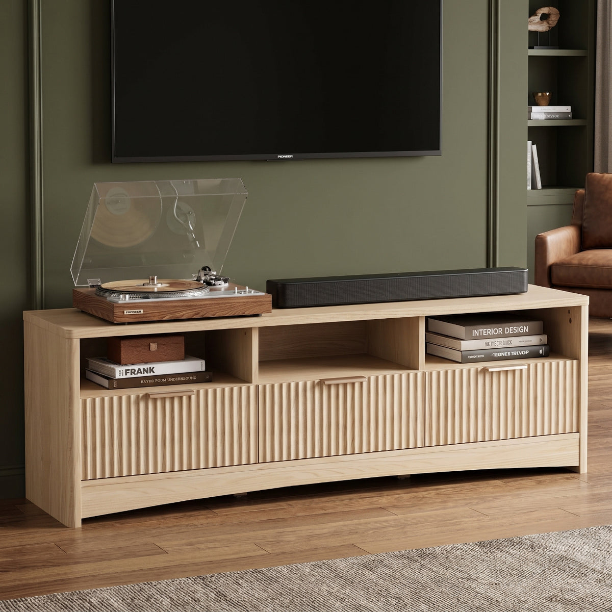 65-inch TV Stand & Modern Entertainment Suitable for Living Room/Bedroom, -Standing Media Console with 3 Drawers & Open Shelving, Recessed Design, Style, Non-Wood Material for TVs and Media Storage