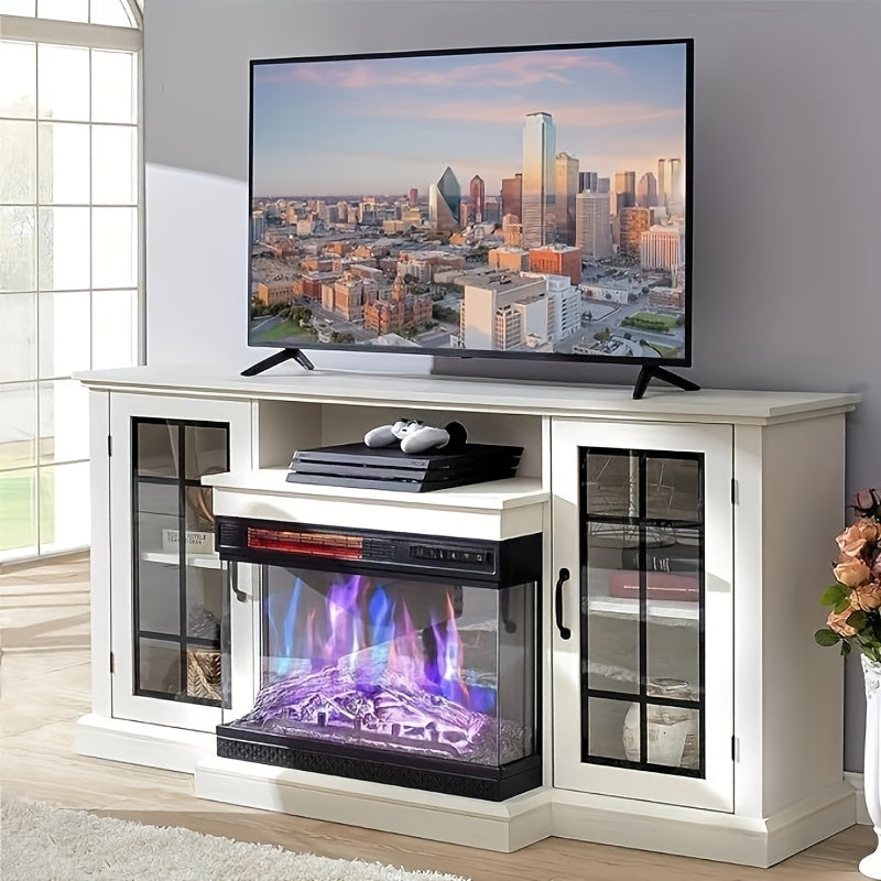 Distressed White 59-Inch Fireplace TV Stand with 3-Sided Glass, 12 Color Options, And Enclosed Storage with Doors, Fits Tvs Up to 65 Inches