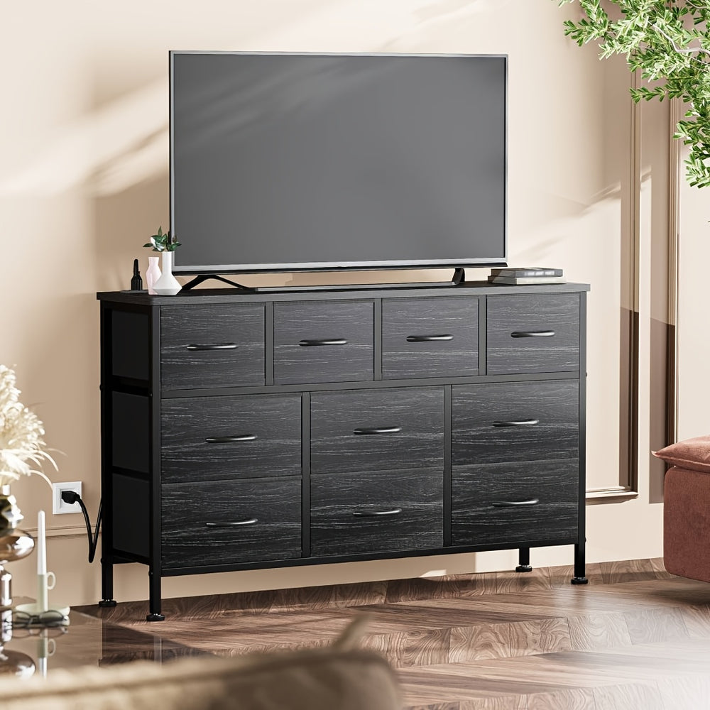 10 Drawer Fabric Dresser with Metal Frame And Wood Top, Fabric Storage Dresser with Power Outlet, TV Stand Dresser for 55'' TV, Fabric Storage Tower, Chest Of Drawers for Bedroom, Closet, Hallway