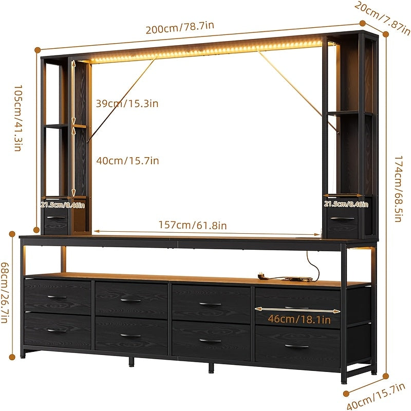 79-Inch Farmhouse Entertainment Center with TV Stand, Bookshelf, 10 Storage Drawers, Fits Tvs Up to 70", Wall Unit Media Console, Living Room, Black