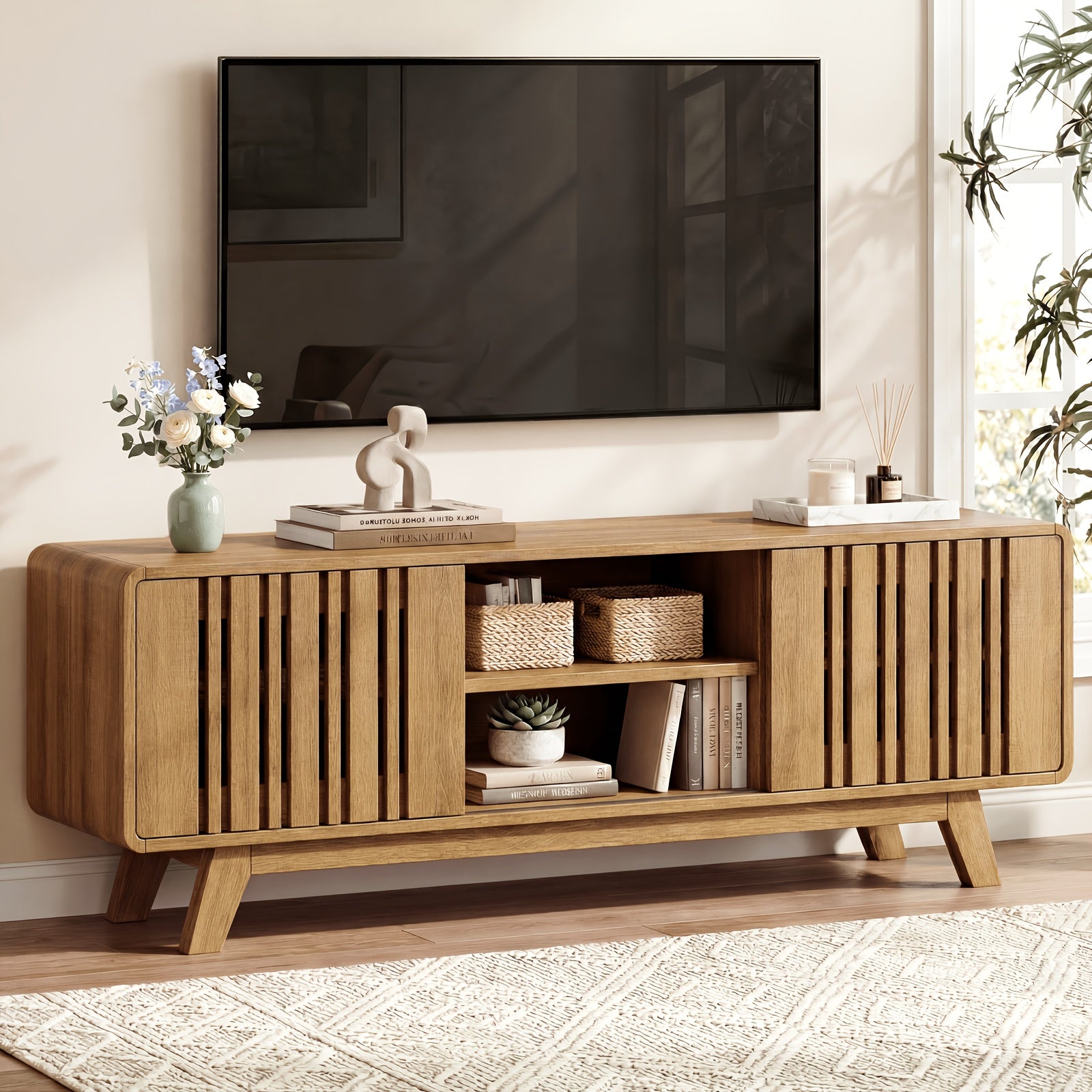 Mid Century Modern TV Stand with Charging Station for 75/70/65/60 Inch TV, Wood Entertainment Center with Storage & Sliding Grille Door, Media Console Table for Living Room, Bedroom