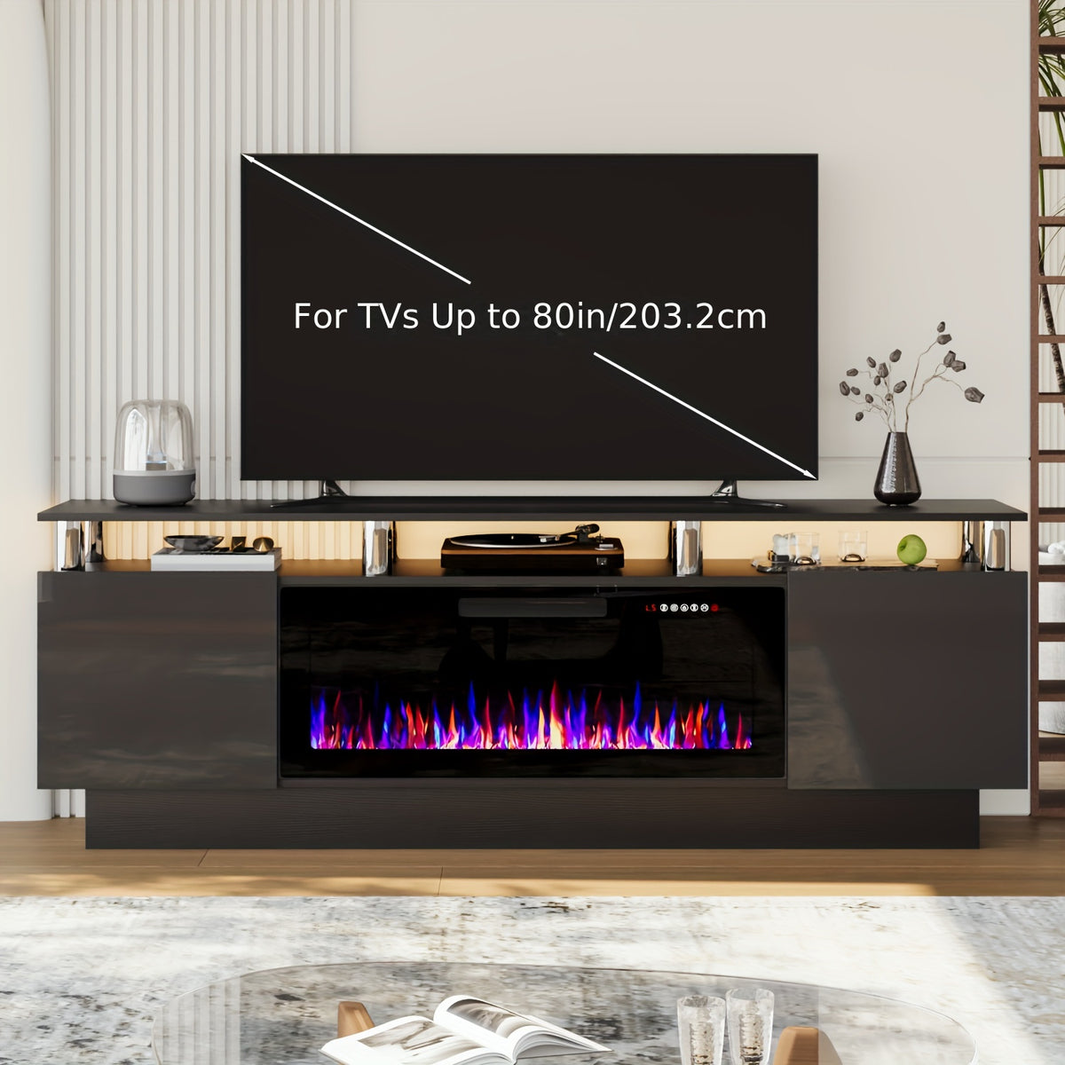 Fireplace TV Stand for Living Room, Entertainment Center with 36" Fireplace, Black Electric Fireplace TV Stand, Modern TV Stand Fireplace for TVs Up to 80", 70 Inch TV Stand with LED Light Strips