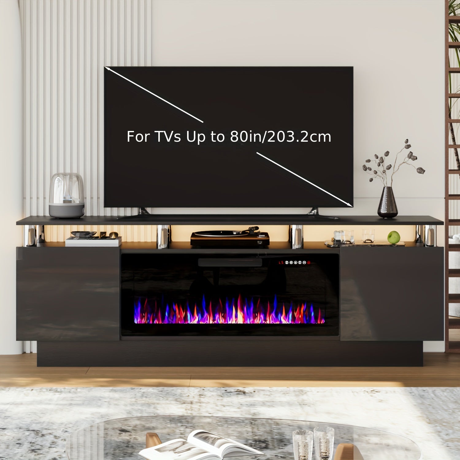 Fireplace TV Stand for Living Room, Entertainment Center with 36" Fireplace, Black Electric Fireplace TV Stand, Modern TV Stand Fireplace for TVs Up to 80", 70 Inch TV Stand with LED Light Strips